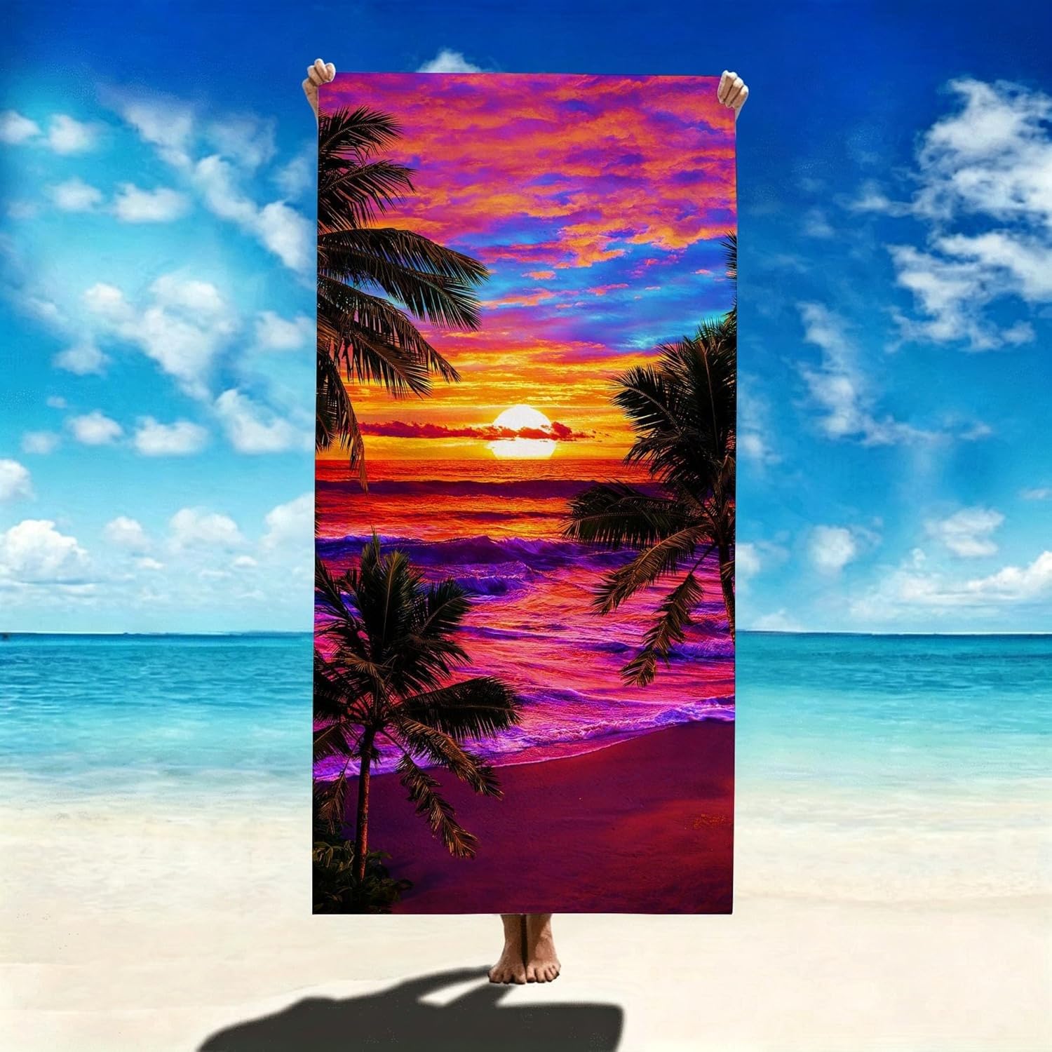 YZQGLHP Coconut Palm Microfibre Beach Towel Sunset Beach Bath Towel Quick Drying, Lightweight, Sand-Free, Durable, for Pool, Gym, Camping, Travel Towel 90x200cm
