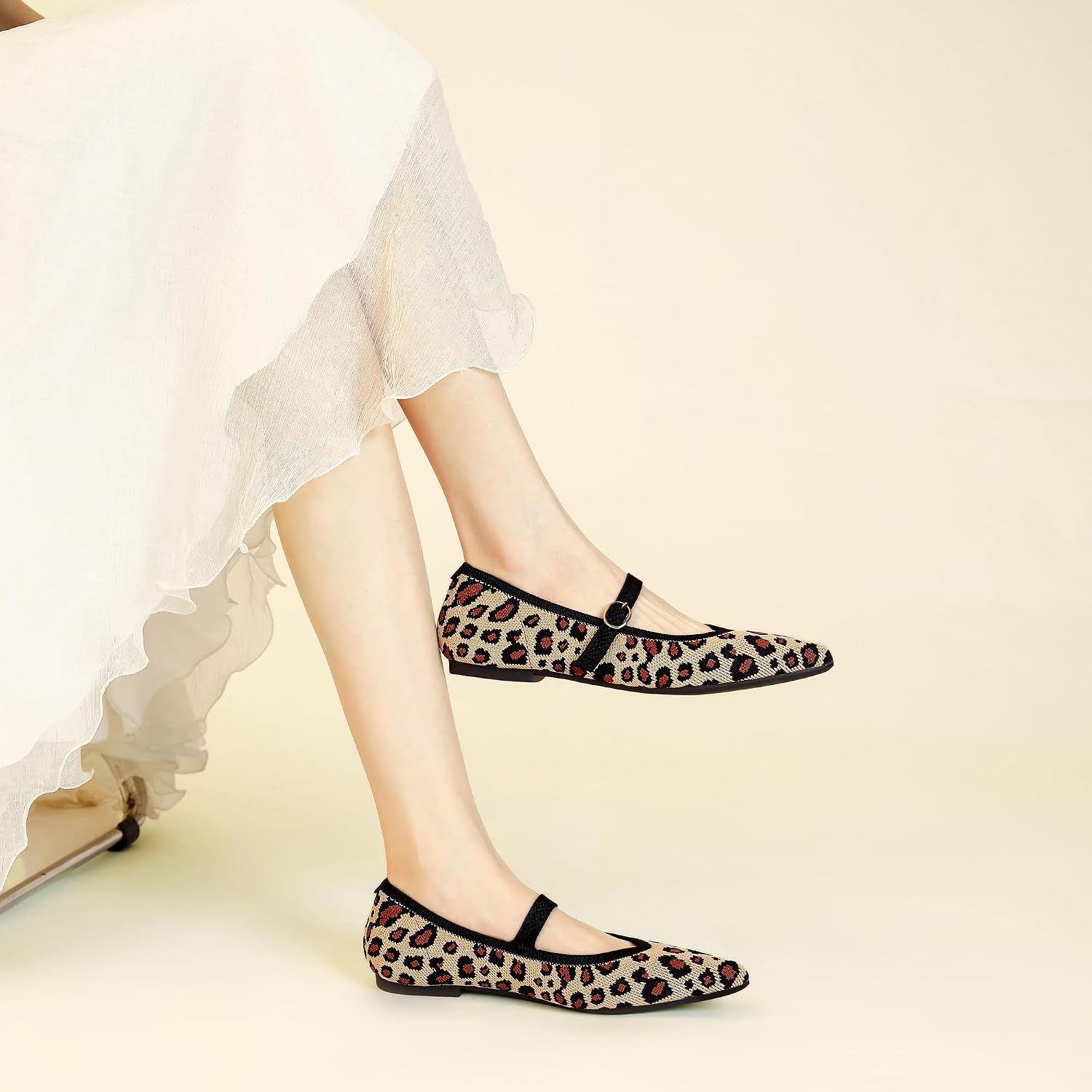 Knit Flats for Women Pointed Tip Casual Ballet Flat Shoes with Ankle Strap Washable Comfortable Formal Mary Jane