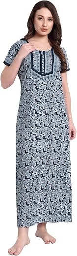 JISB Women's Jaipur Cotton Nightgown, Front Zip Closure, Long Length Nighty