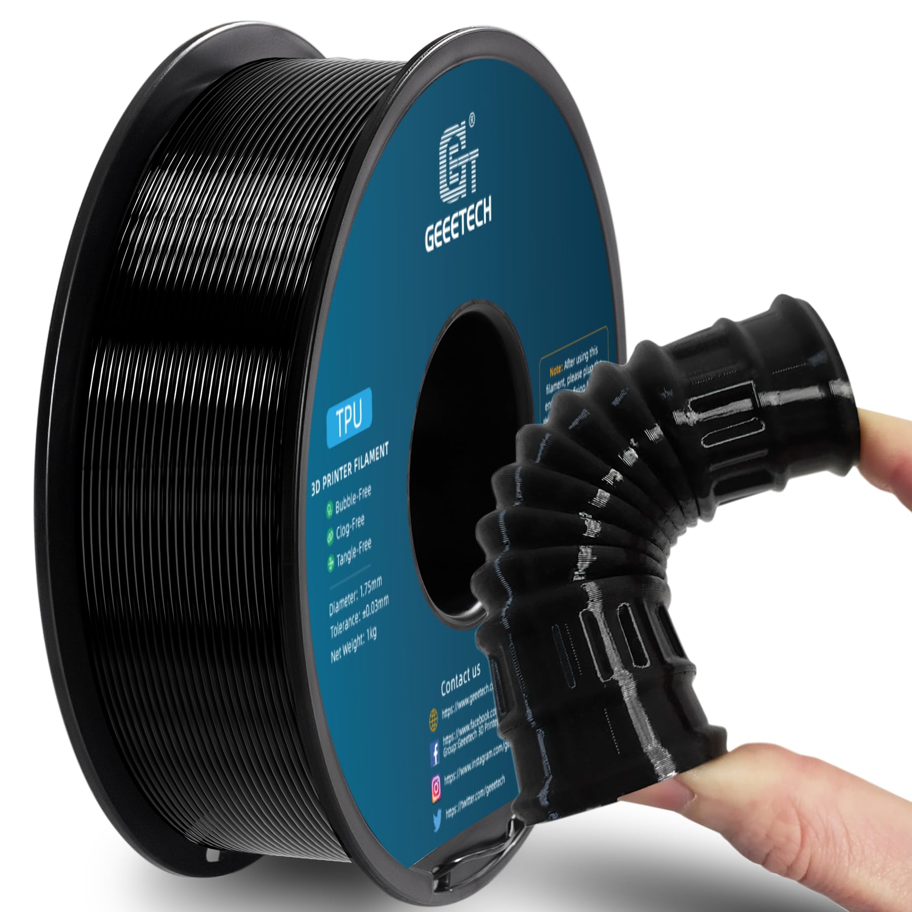 Photo 1 of Geeetech TPU Filament 1.75mm, Shore 95A Flexible 3D Printer Filament with High Elasticity, 1KG (2.2lbs) Spool, Dimensional Accuracy ±0.03mm, Fits Most FDM Printers (Black)