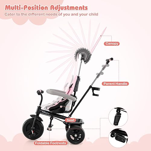Miniatura 37 de BABY JOY Triciclo, bicicleta 4 en 1 para niños pequeños con toldo extraíble, asa de empuje ajustable, asiento reversible, cinturón de seguridad