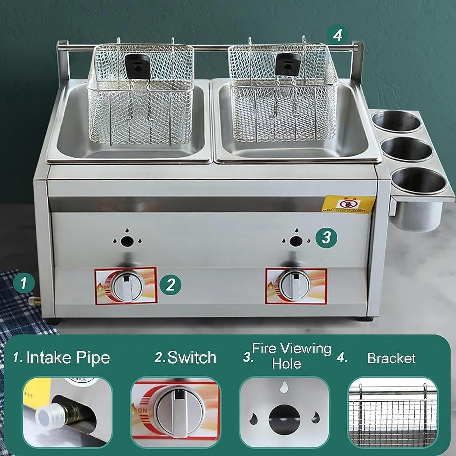 Commercial Gas Deep Fryer 20L/30L Countertop Stainless Steel Kitchen Frying Machine Removable Baskets Lid, for French Fries Turkey Home Kitchen Restaurant