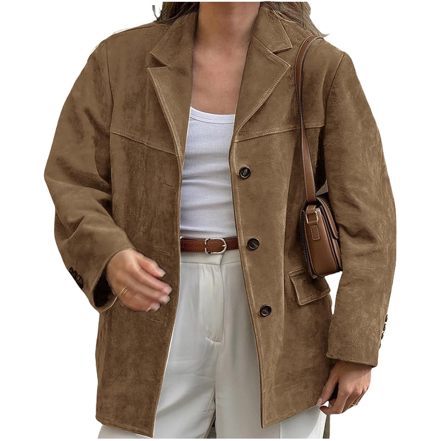 ZWRXW Womens Faux Suede Blazer Jacket Vintage Button Down Suede Shackets Notched Lapel Single Breasted Suit Jacket Brown