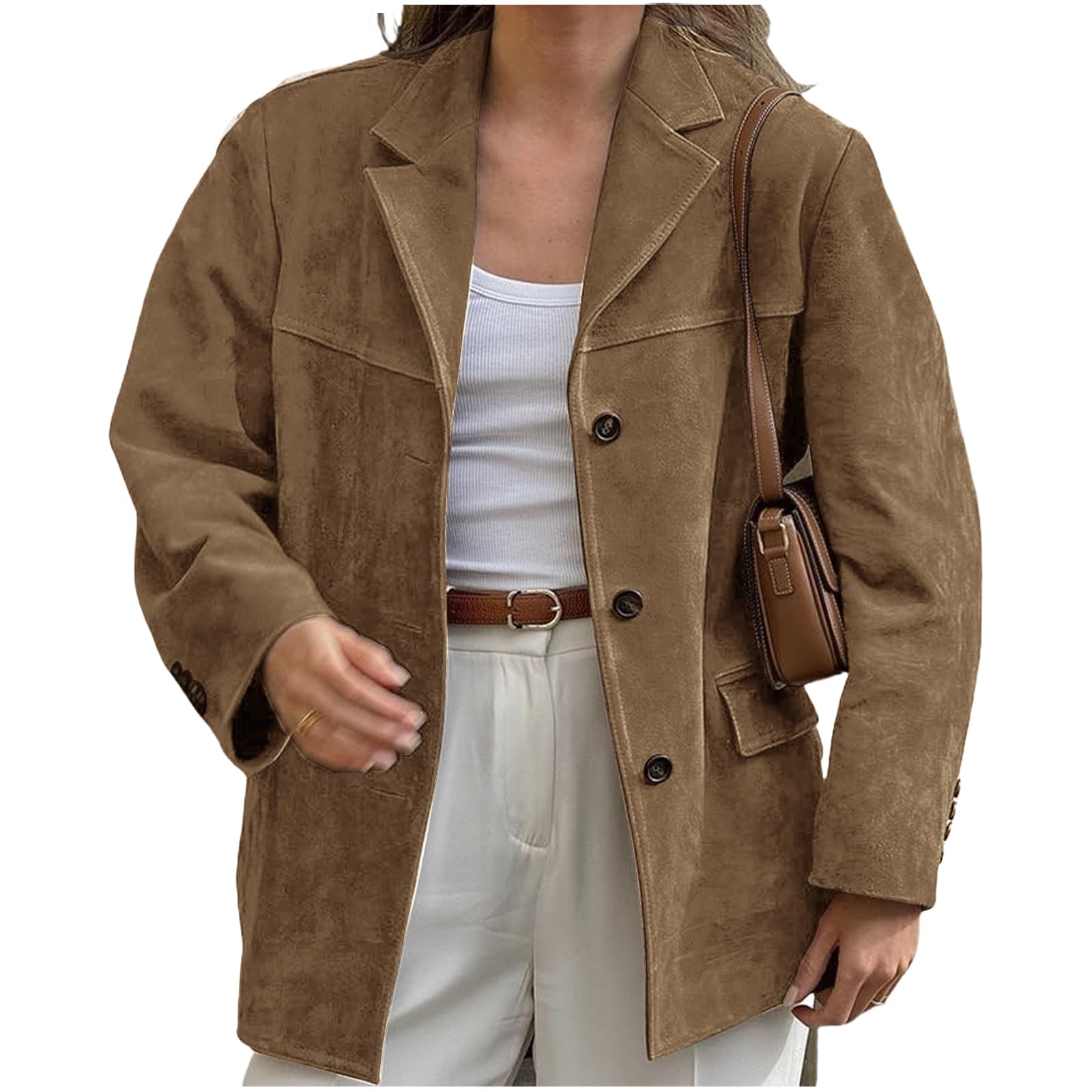 ZWRXW Womens Faux Suede Blazer Jacket Vintage Button Down Suede Shackets Notched Lapel Single Breasted Suit Jacket Brown