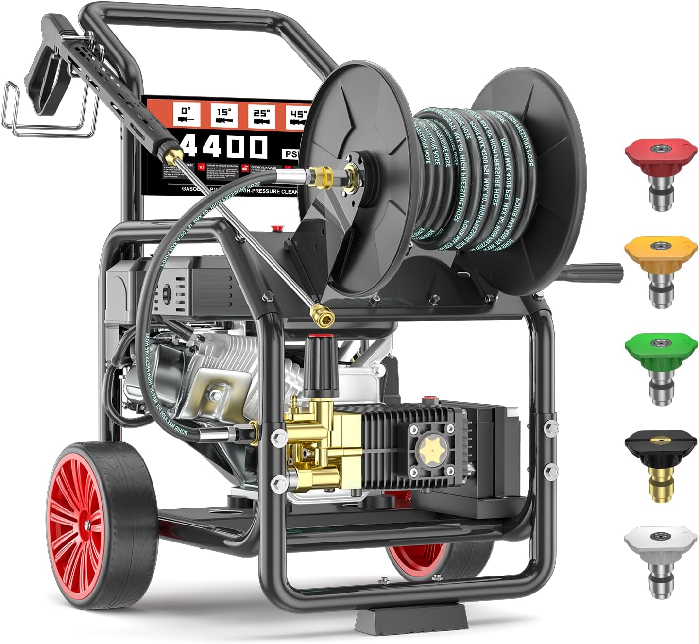 4400PSI Gas Pressure Washer with Reel, 4GPM 7HP Engine One-Button Start, Heavy Duty Power Washer with 50FT 3/8" Steel Braided Hose Kit & Wand, 5pcs Nozzles (4400PSI)