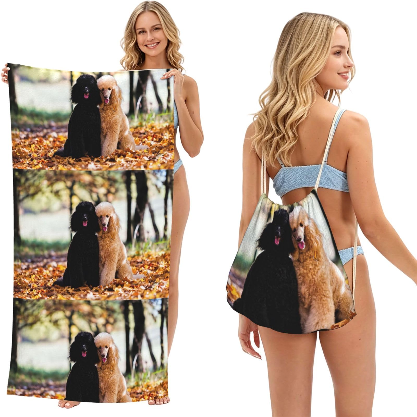 Poadnly Two Royal Poodle Autumn, 2 in 1 Packable Towel Bag, Beach Towels with Drawstring Backpack for Travel Holiday Camping