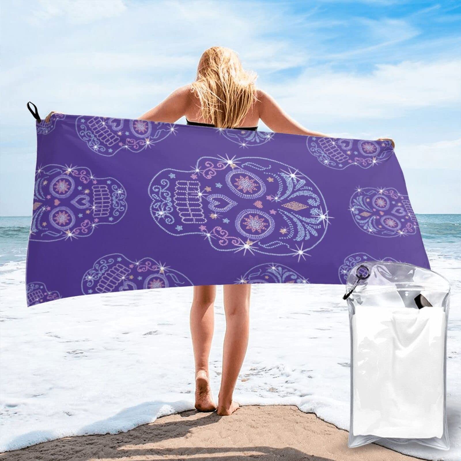 Lawenp Rhinestone Studs Sugar Skull Microfiber Beach Towel Adults Large Quick Drying Bath Towel Travel Towels with Pouch 31.5"x63"