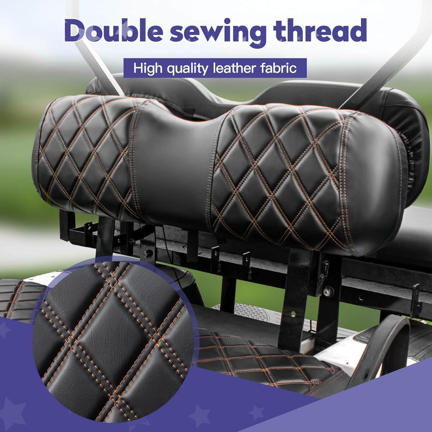 NOKINS Golf Cart Diamond Seat Covers Kit, Fit for EZGO TXT 1994-2013/EZGO RXV OEM Standard Front Seat Cushion, Golf Cart Vinyl Seat Cover, No Nails Required (Black and Brown Stitching)