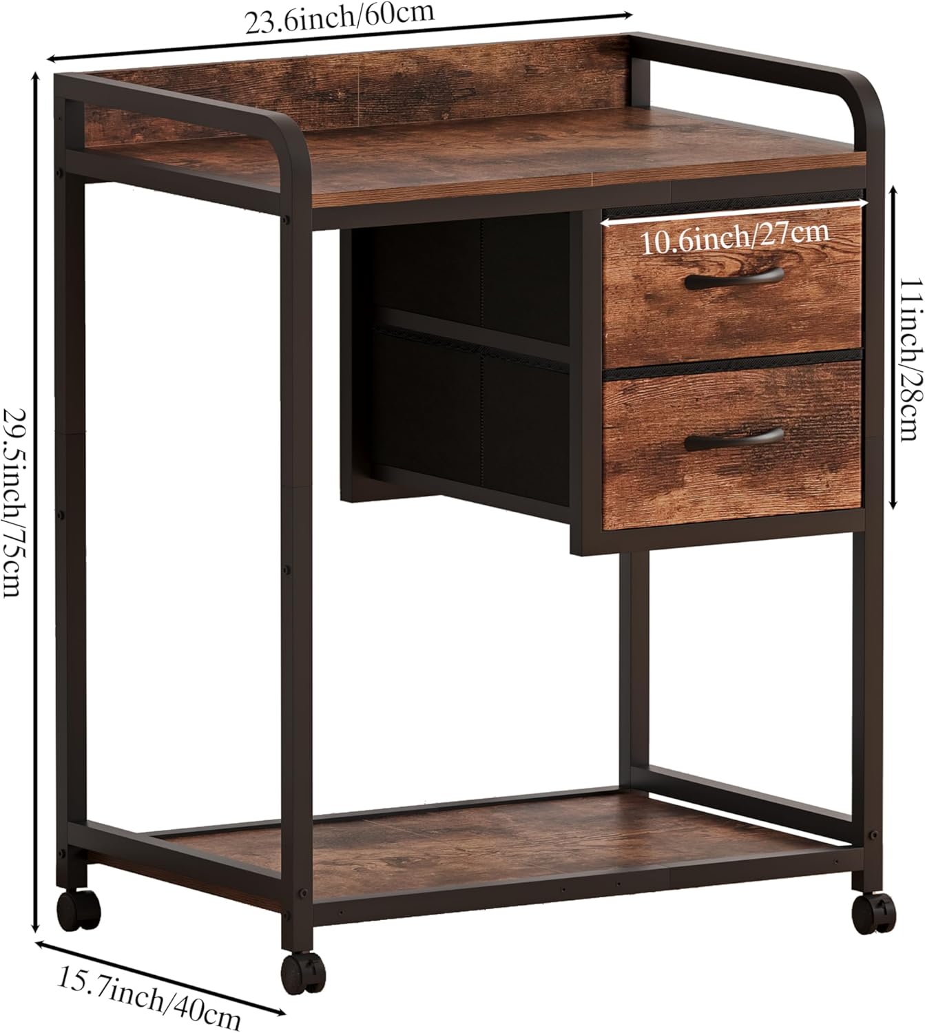 Unionly Large Printer Stand with 2 Fabric Drawers, Mobile Printer Table with Wheels and Computer Tower Slot for Home Office Storage and Organization, Rustic Brown (Rustic Brown)