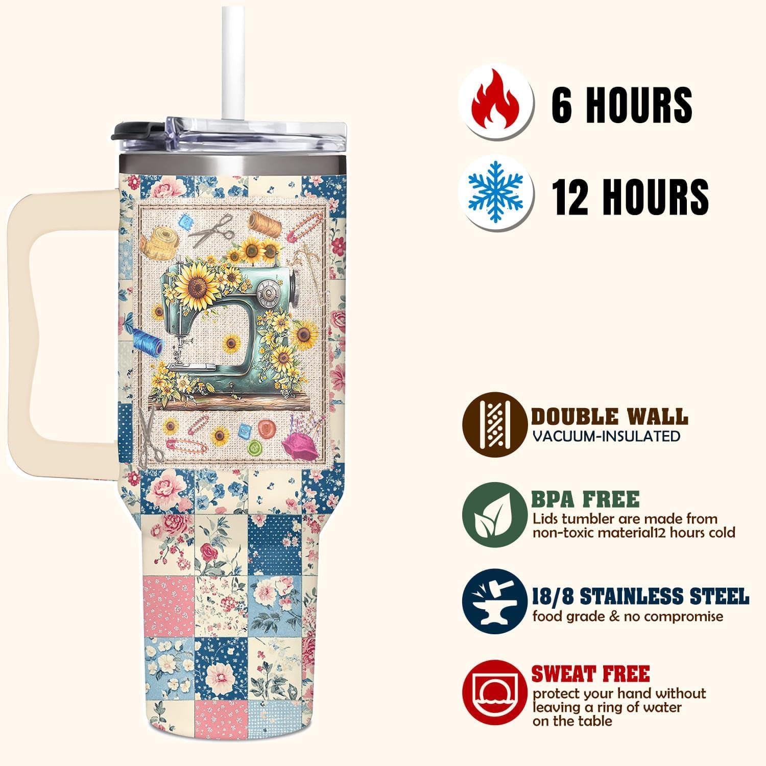 Sewing Gifts for Women, Quilt, Quilting Lovers, Tailors, Crafters - 40oz Tumbler with Handle Sewing Themed - Mother’s Day Gift for Sewists Birthday Gifts Idea for Quilters, Teacher