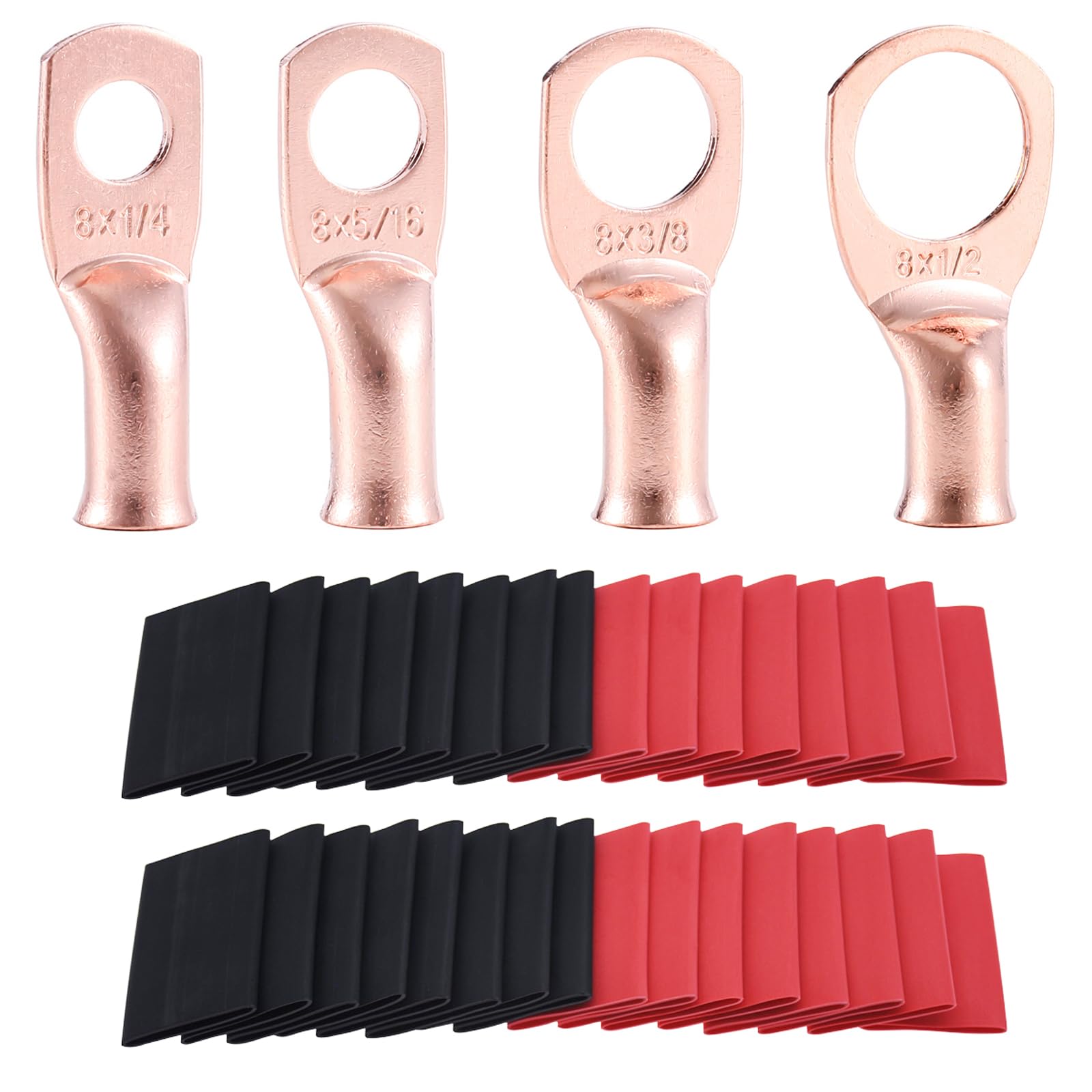 RIOCAN 8 AWG Pure Copper Ring Terminal Kit (62 Pcs) - 30 Battery Lugs (1/4", 5/16", 3/8", 1/2") with 32 Heat Shrink Tubes for 8 Gauge Wire in