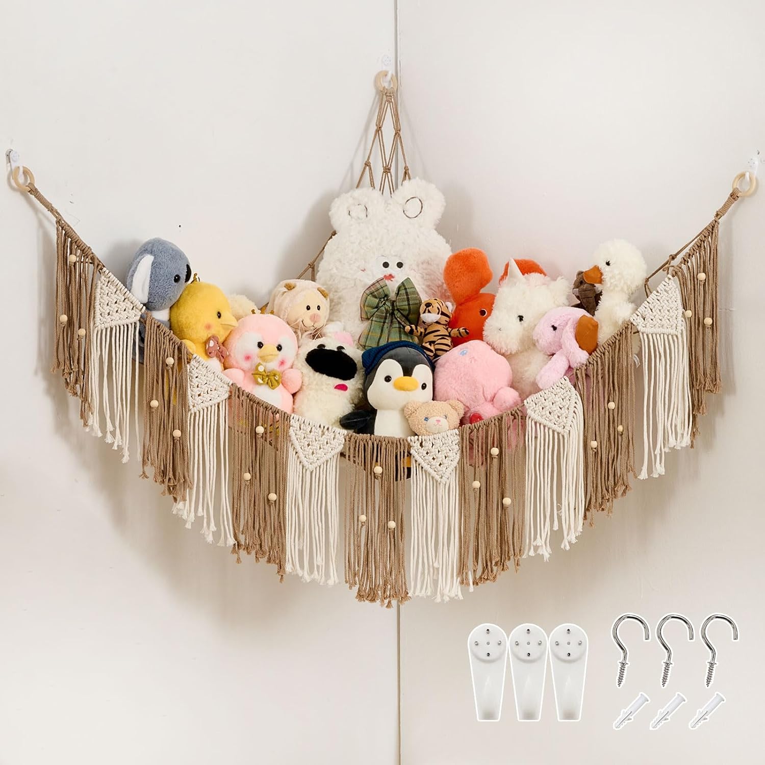 Pretty Jolly Stuffed Animal Hammock with Weaving Tassels and Beads Milk Coffee