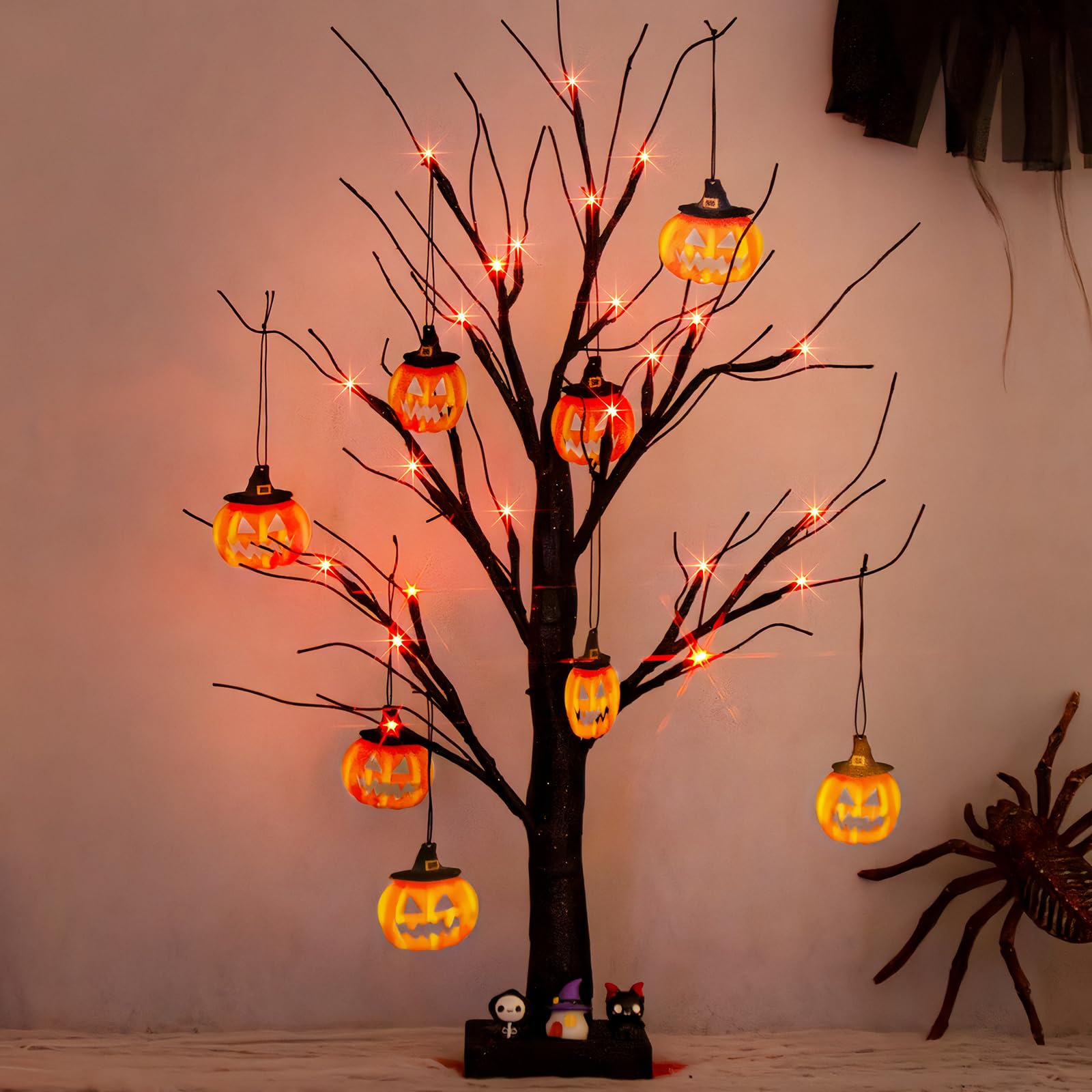 PEIDUO Halloween Indoor Decor, 2FT Halloween Tree with 24 Orange Lights and 8 Pumpkin Ornaments, Light up Halloween Decorations Black Tree with Timer for Indoor Home Desk Table Decor Battery Powered