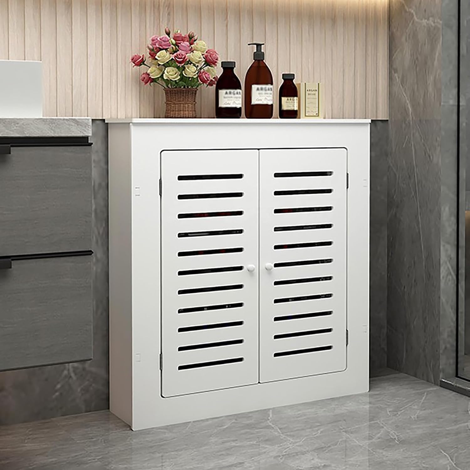 Modern Wood Radiator Cover - Stylish Heating Cabinet Shelf with 2 Doors, Horizontal Slats - Perfect for Living Room Organization & Home Decor Enhancement