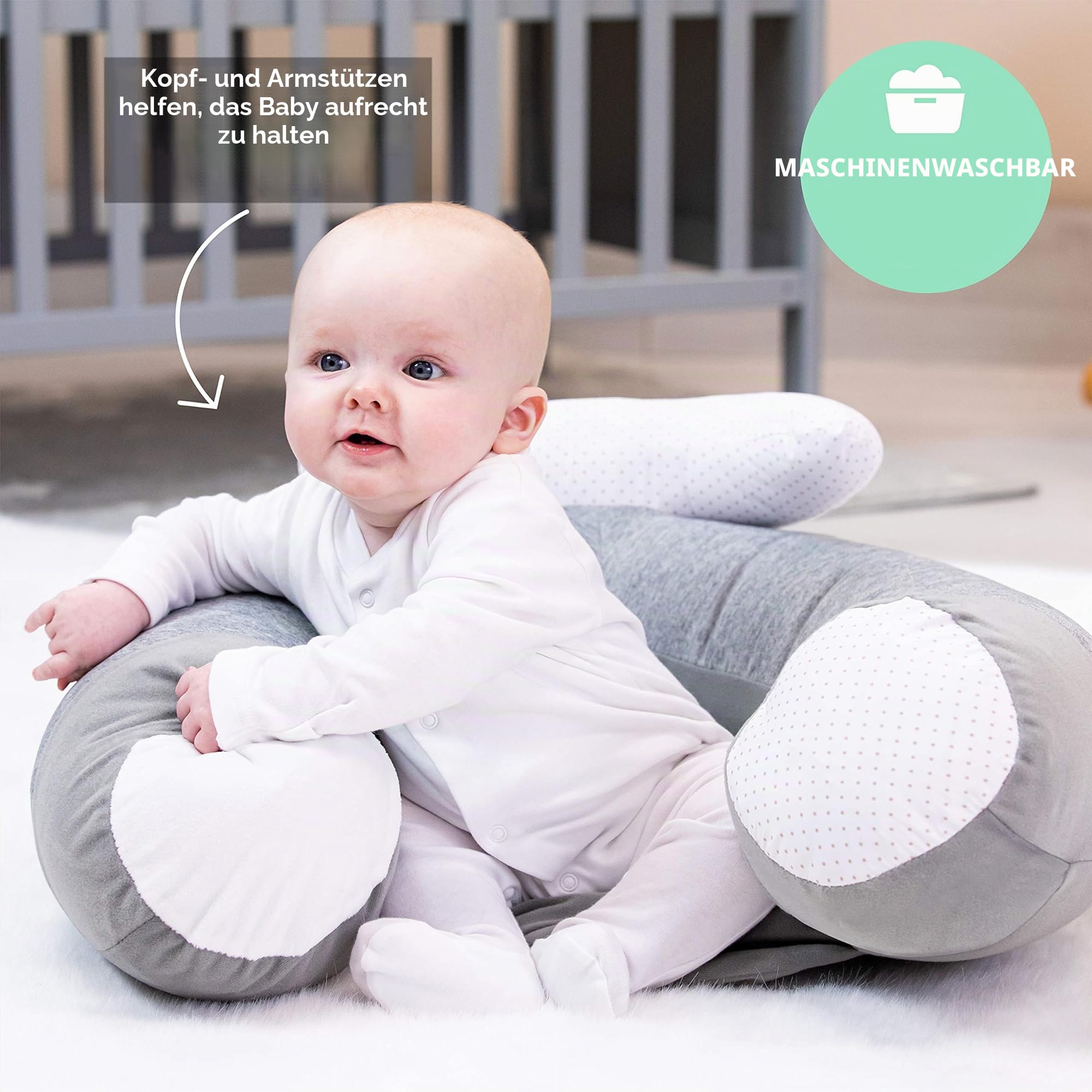 Nuby Penguin Sit-Me-Up Babyschale - Aufblasbarer Sitz auf dem Boden, Abnehmbares Tablett, Maschinenwaschbar, Geeignet ab 6 Monaten (Grau)