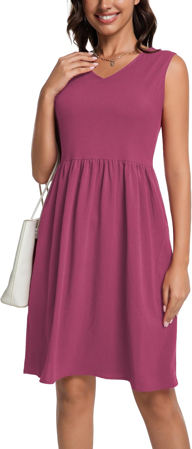 DHDZO Dresses for Women 2025 V-Neck Sleeveless Summer Casual Dress Pleated Flowy Midi Dresses with Pockets