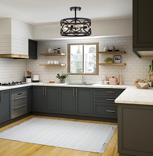 Miniatura 2 de Mr. Color - Lámpara de araña de 3 luces semiempotrada para casa de campo, color negro y dorado