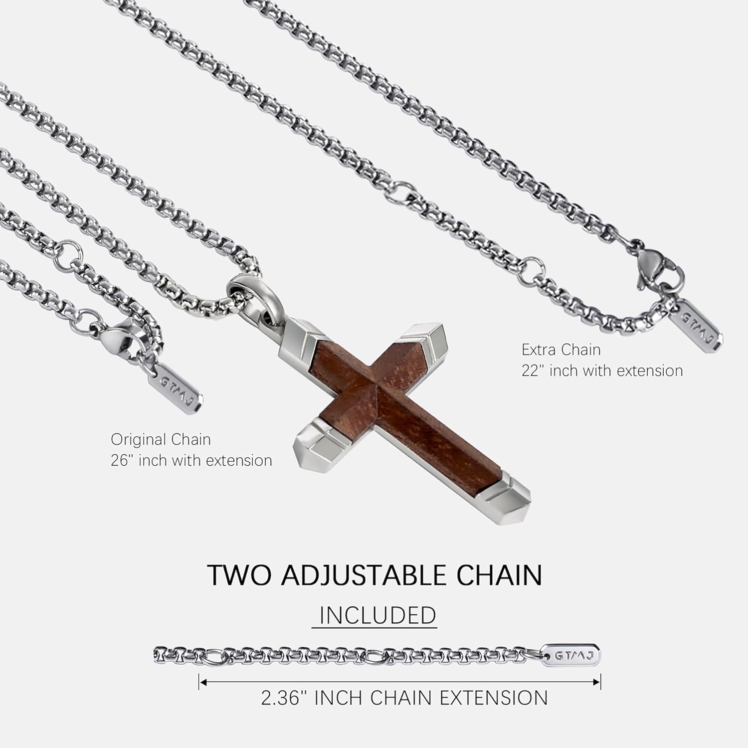 Cross Necklace for Men -Stainless Steel & Wood Adjustable Box Chain 24-26in, Spiritual Jewelry Gift for Him, Everyday Wear - Image 5
