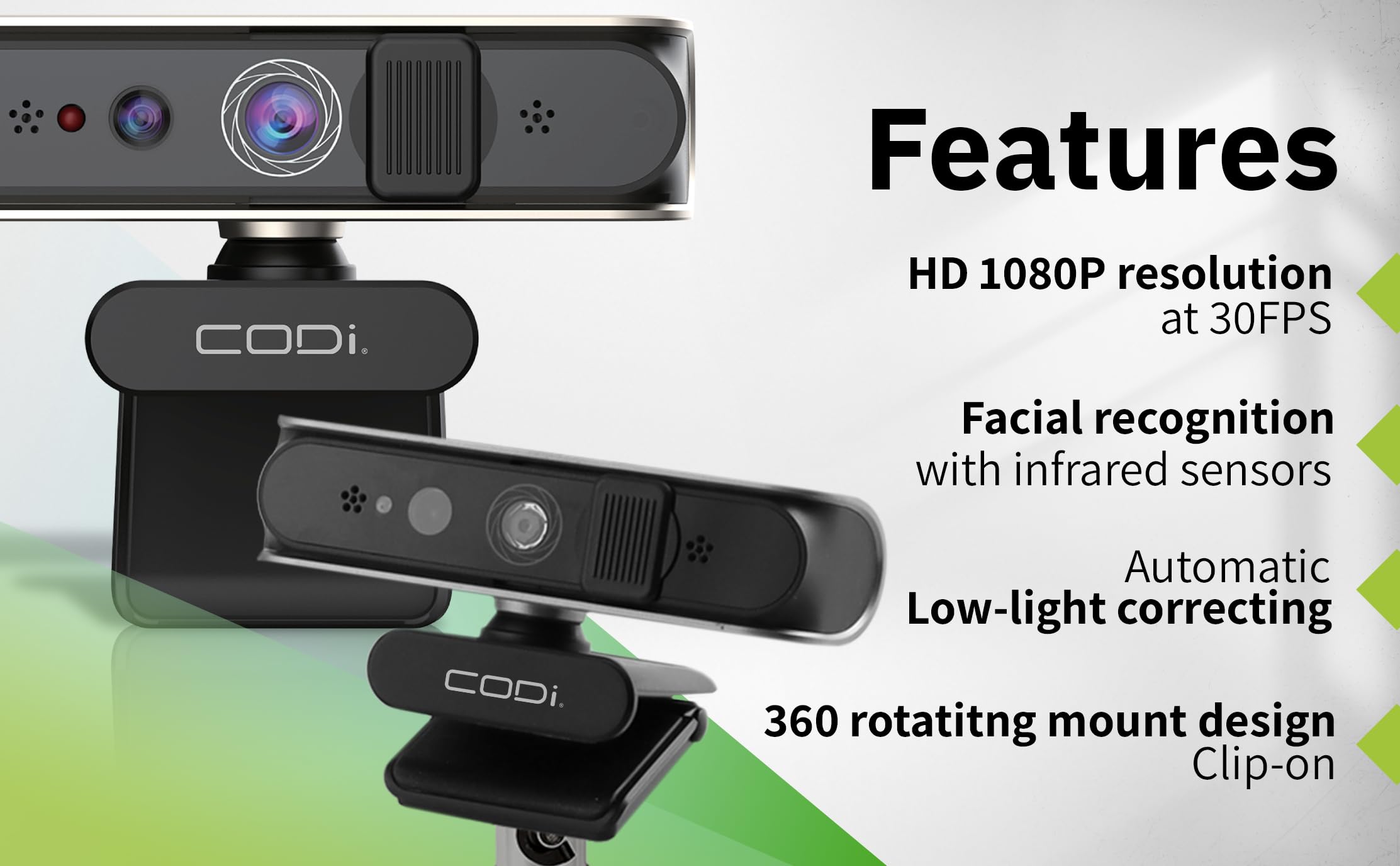 CODi Allocco HD 1080P Windows Hello - Cámara web con reconocimiento facial IR y micrófono con cancelación de ruido, enfoque automático, USB-A, montaje en trípode