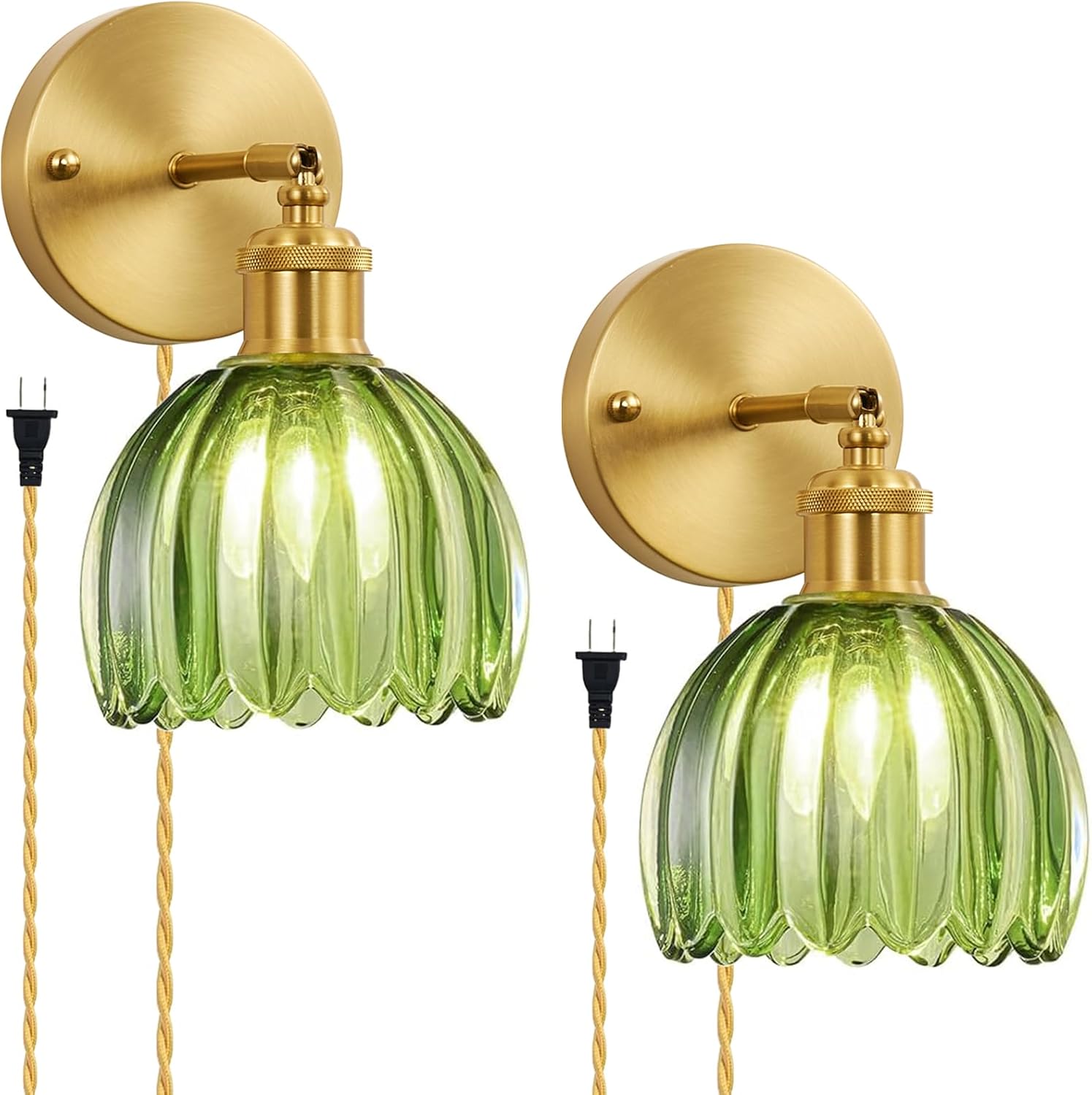 Glass Plug in Wall Sconces Set of 2, Vintage Wall Lamp with Plug in Cord Green Tulip Shade Decor Indoor, Gold Wall Light for Bedroom Bedside Kids Living Room Bathroom