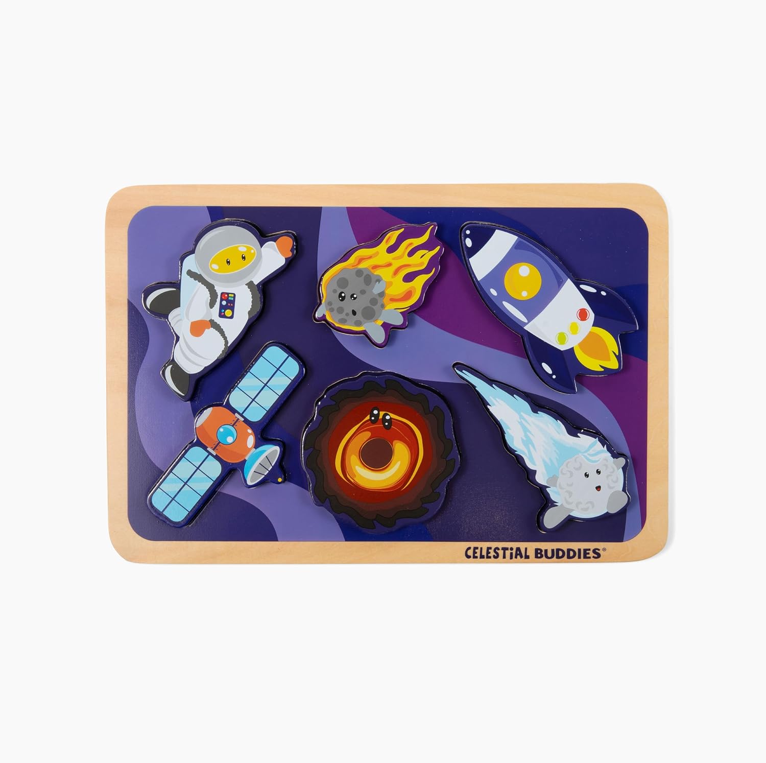 Celestial Buddies Journey into Space – Chunky Wooden Toddler Puzzle, 12x8 Inch Educational Space Puzzle for Early Science & Astronomy Exploration - STEM Learning