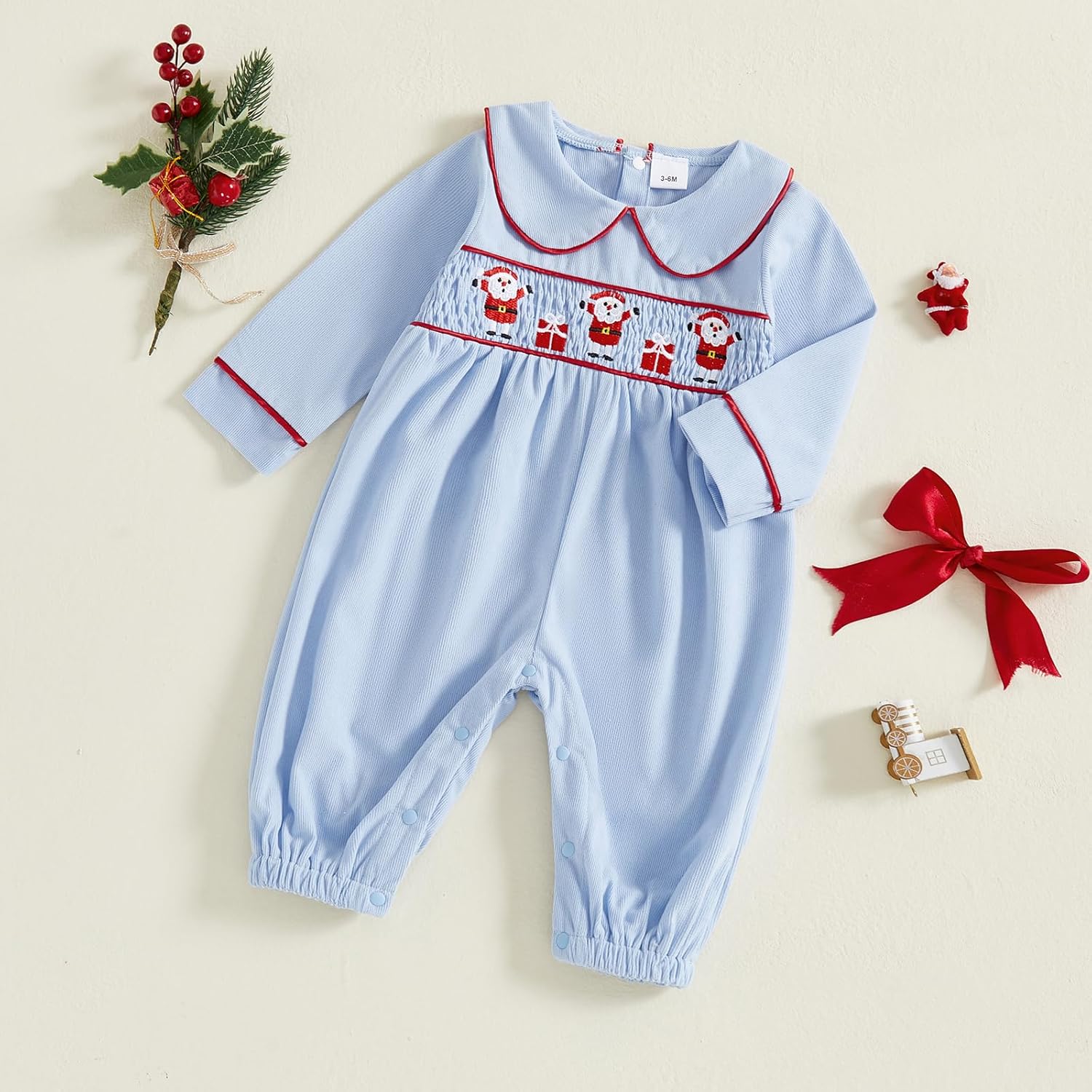 Newborn Baby Boy Girl Christmas Outfit Santa Smocked Romper Peter Pan Collar Long Sleeve Corduroy Jumpsuit Clothes - Image 3