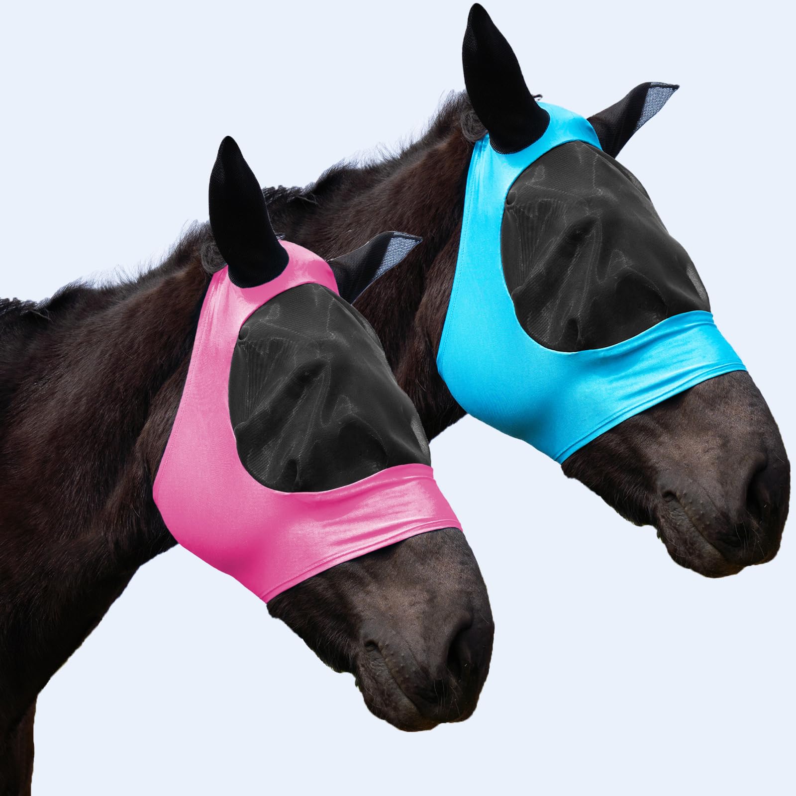 HUAME 2 Piece Horse Fly Mask with Ears, Comfortable Fit Stretch Fabric Big Eye Space Soft Breathable with UV Protection for Full Horses (Blue-Pink)