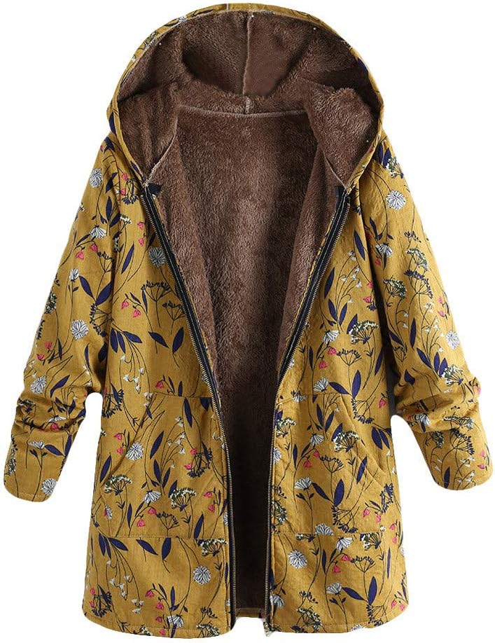 KaloryWee Women's Winter Warm Outwear Floral Print Hooded Pockets Vintage Oversized Coats