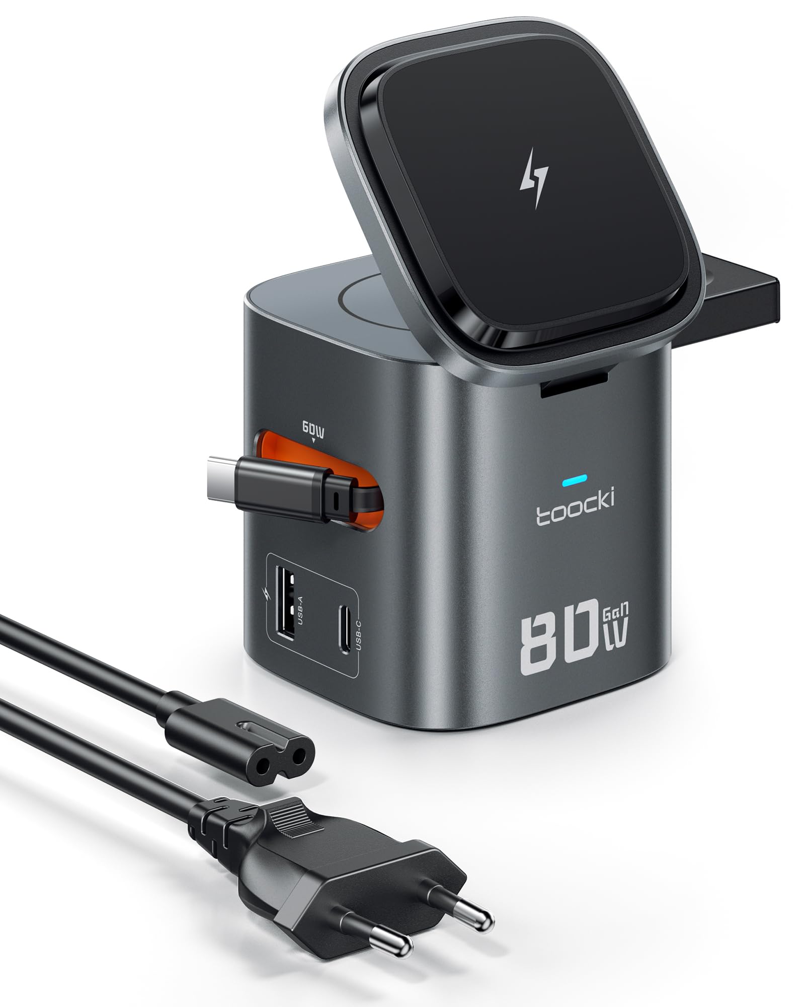 toocki Station Charge 80W GaN, 6 en 1 Chargeur avec Câble Rétractable USB-C | GaN USB-C et USB-A, PD Charge Rapide, Design Tout-en-Un Idéal Bureau/Maison/Voyage, pour iPhone 17/Galaxy S26/Watch/AirPods