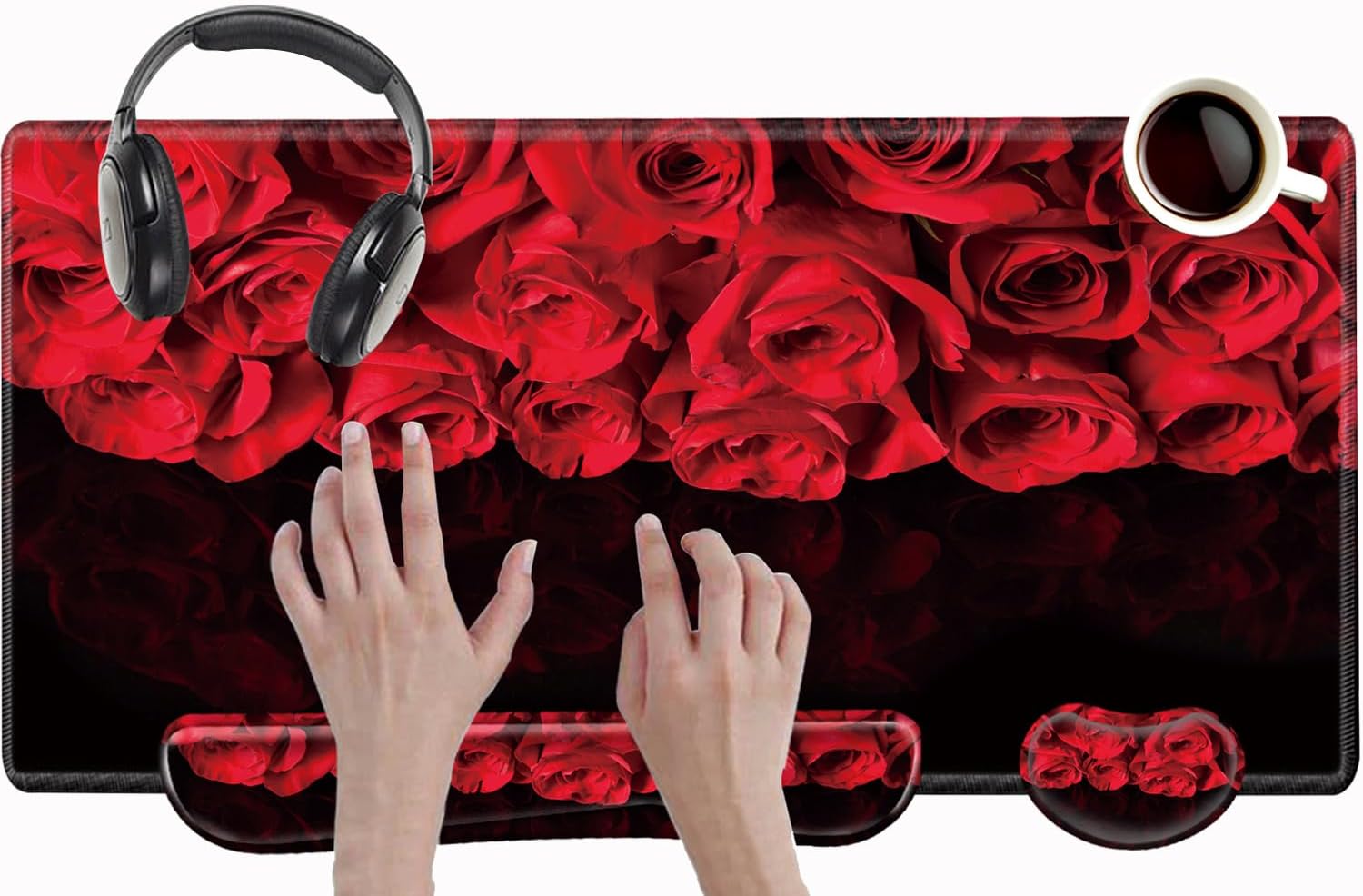 Red Roses Keyboard and Mouse Pad with Wrist Rest Large Mousepad XXL Desk Mat Set 31.5" x 15.75" Desk Pad Support Extended Non-Slip Rubber Base Computer Mat for Women Gift