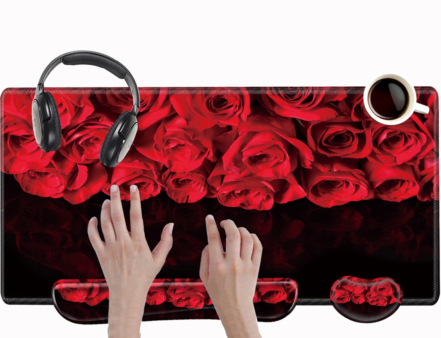 Red Roses Keyboard and Mouse Pad with Wrist Rest Large Mousepad XXL Desk Mat Set 31.5" x 15.75" Desk Pad Support Extended Non-Slip Rubber Base Computer Mat for Women Gift — image 1