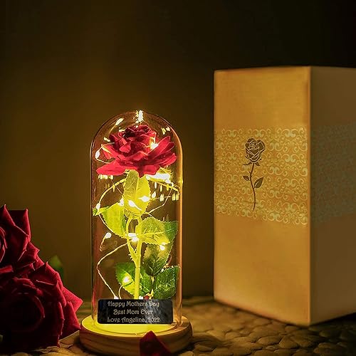 Miniatura 5 de Rosa roja galaxia personalizada en cúpula de cristal con luz LED, regalo para el día de la madre, día de San Valentín, cumpleaños, boda, regalo para