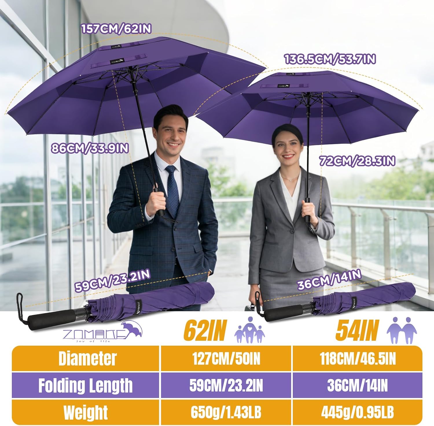 ZOMAKE Compact Golf Umbrella 62 Inch,Large Golf Umbrellas Windproof Double Canopy Vented Automatic Open Portable Collapsible Travel Umbrella for Men Women - Image 2