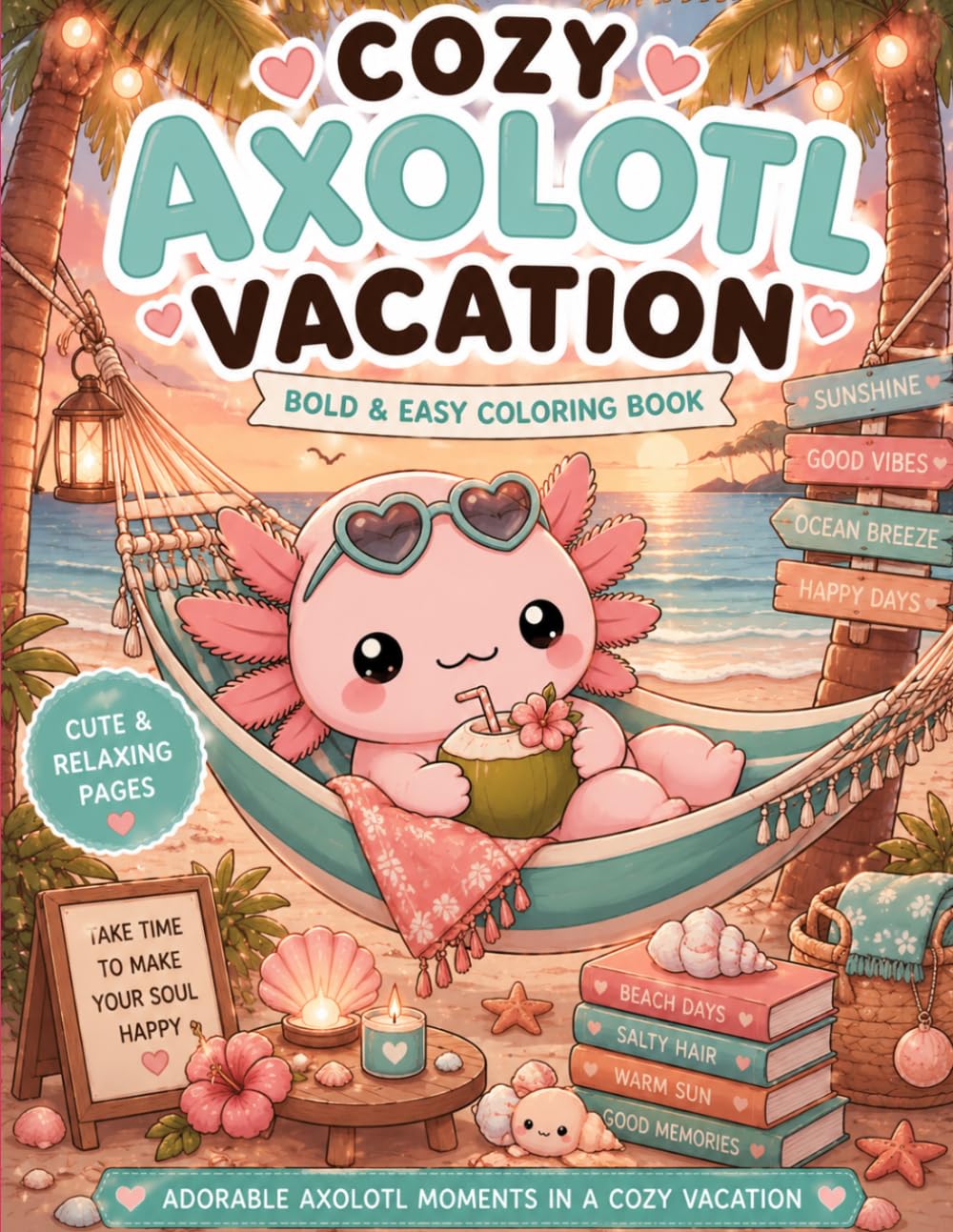 Cozy Axolotl Vacation: Cute & Relaxing Bold and Easy Coloring Book for Stress Relief and Cozy Coloring Fun (Cozy Axolotl Universe)