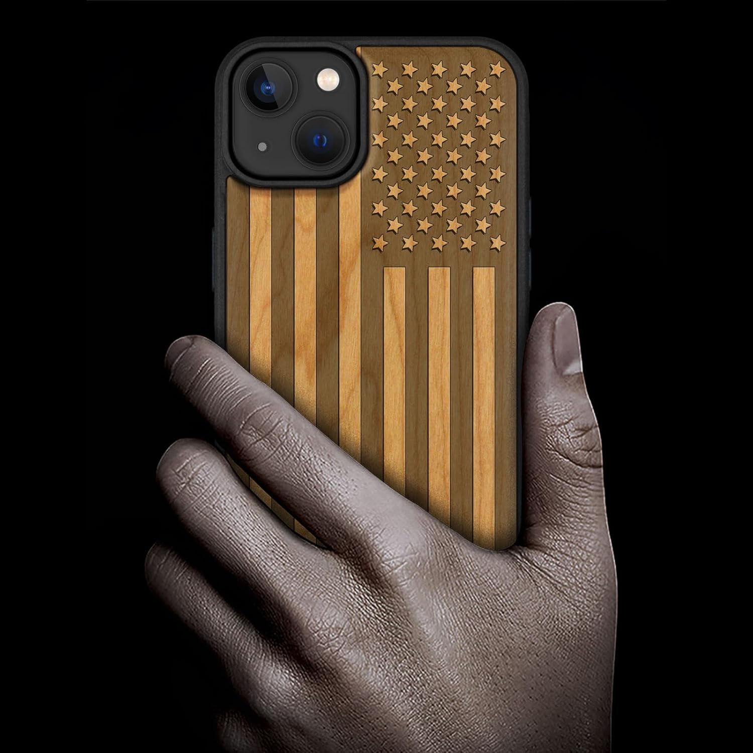 Carveit Magnetic Wooden Case for iPhone 15 Plus Case, Compatible with MagSafe Wireless Chargers, Black Soft TPU Shockproof Cover & Wood Artisan Engraved (American Flag - Cherry)