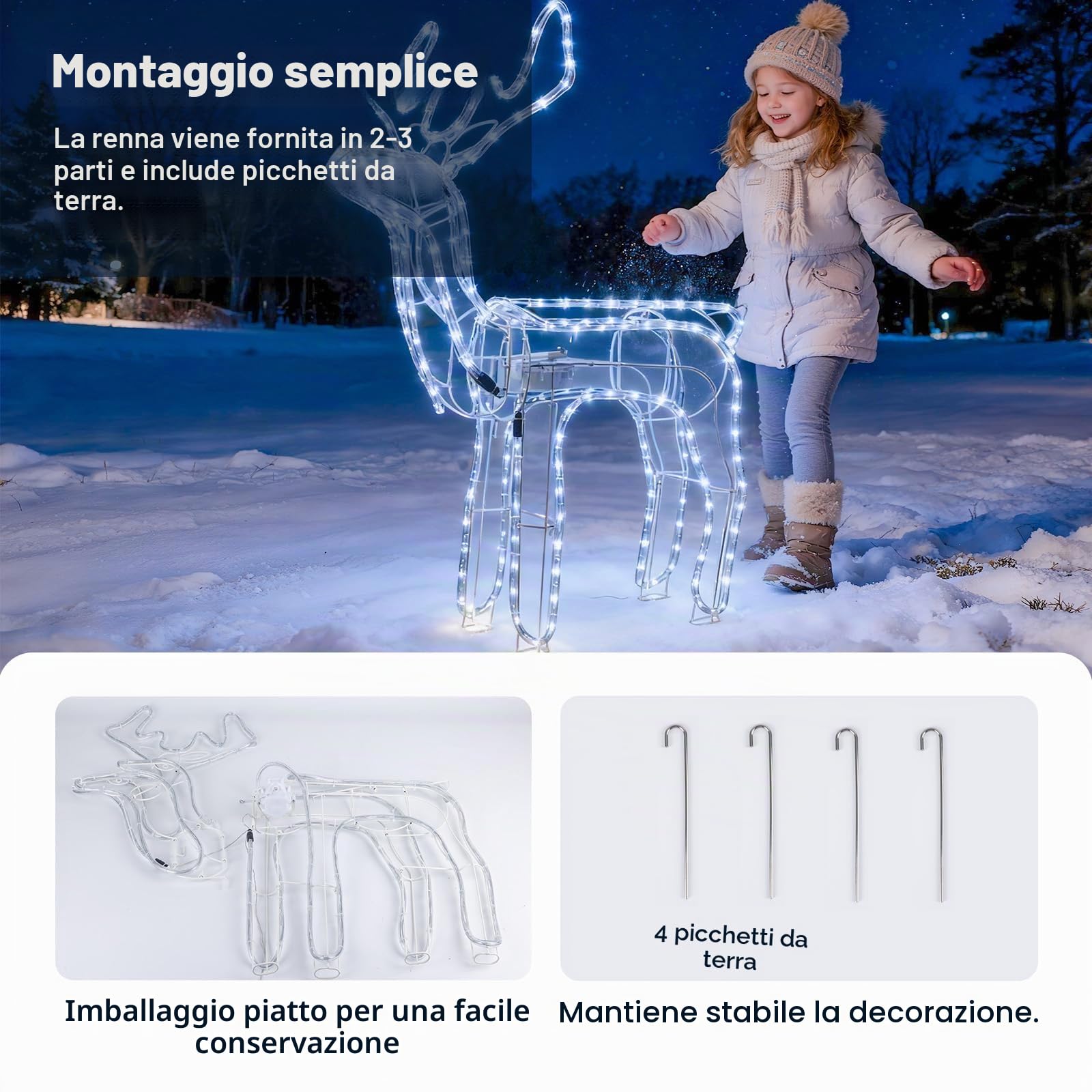 LEDYA Renna di Natale luminosa con testa animata, 216 LED bianco freddo, grande renna luminosa 89 cm, decorazione natalizia da interno/esterno con timer, alimentazione a rete per giardino o veranda