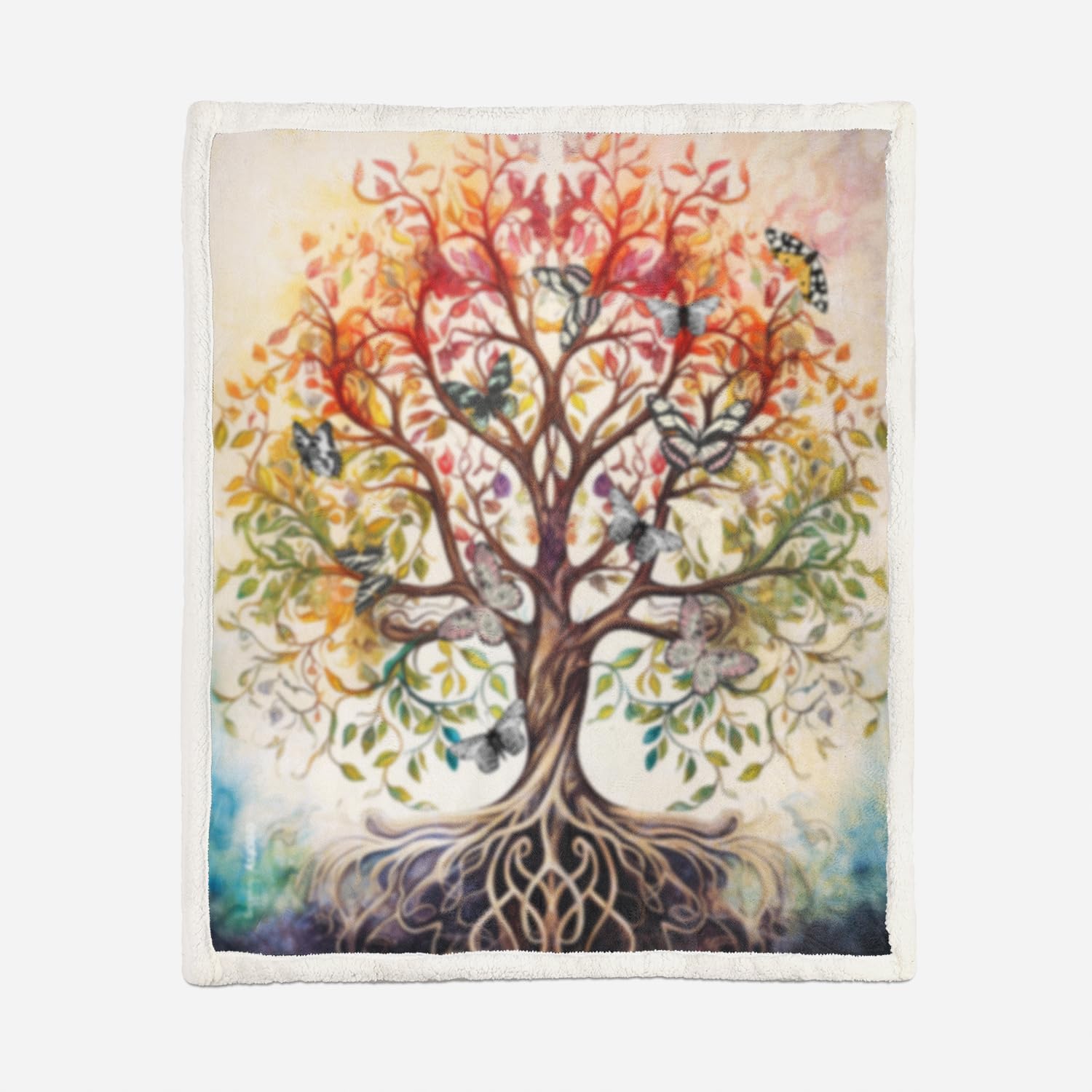 AILONEN Tree of Life Throw Blanket for Women Girls,Butterfly Tree of Life Cozy Fleece Sherpa Blanket 70 x 55 Inches Retro Boho Butterfly Blanket for Bed Couch