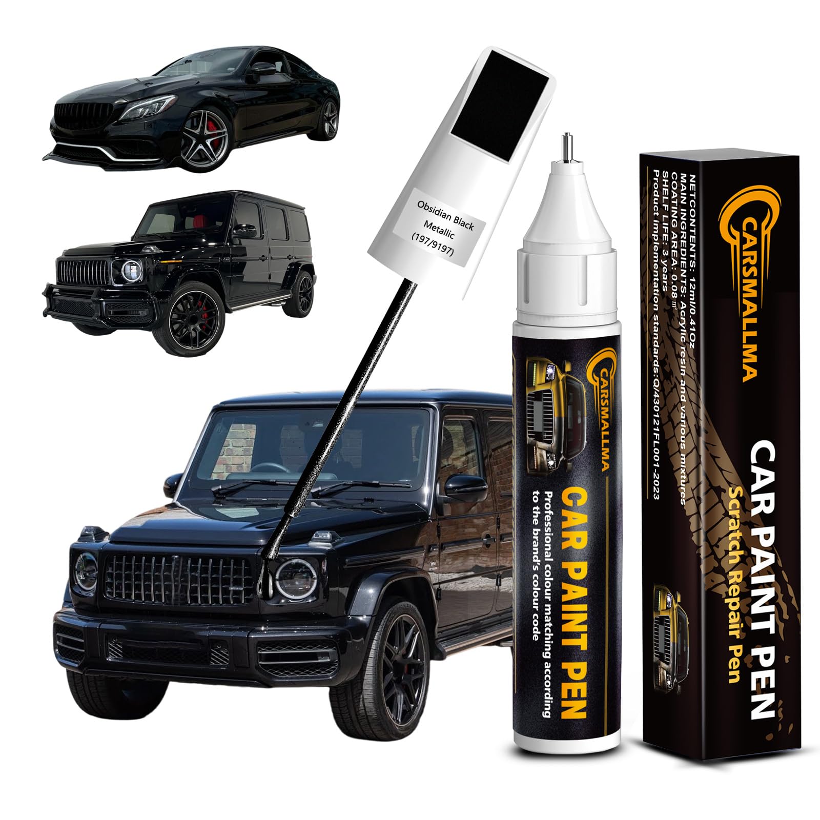 Car Touch Up Paint(197/9197 Obsidian Black Metallic) for Mercedes-Benz, Color Accurate Car Scratch Repair Remover Pen,Auto Paint Quick and Easy to fix vehicle Chips and Nicks Scuff