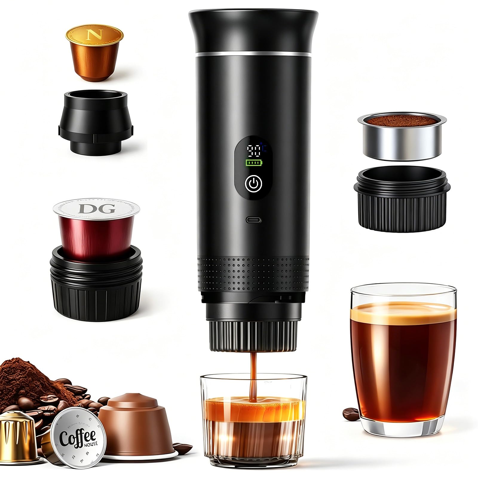 Nueva Cafetera de café espresso 3en1, para coche u oficina,Ideal para viaje | 20 bares, con pantalla LED,Máquina de café 80 ml compatible con cápsulas y café molido,Große Kaffeepulverschale (16 g)