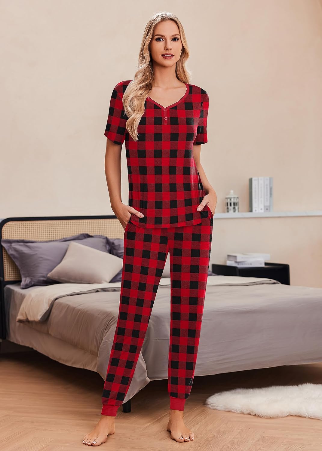 Ekouaer Pajamas for Women Set 2 Piece Short Sleeve Fall Pjs with Pockets image 4