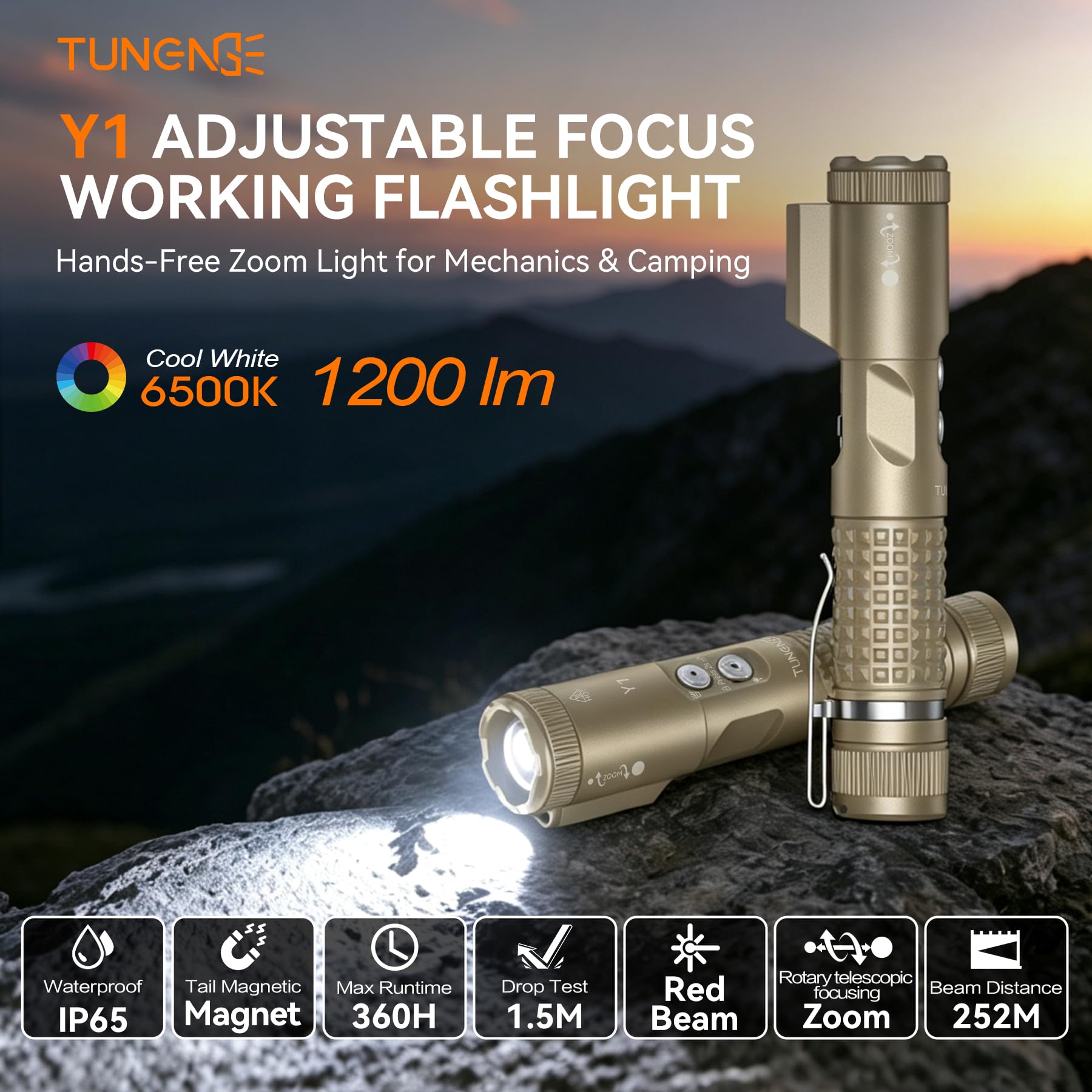 Y1 1200LM EDC torcia elettrica zoomable ricaricabile, luce bianca e