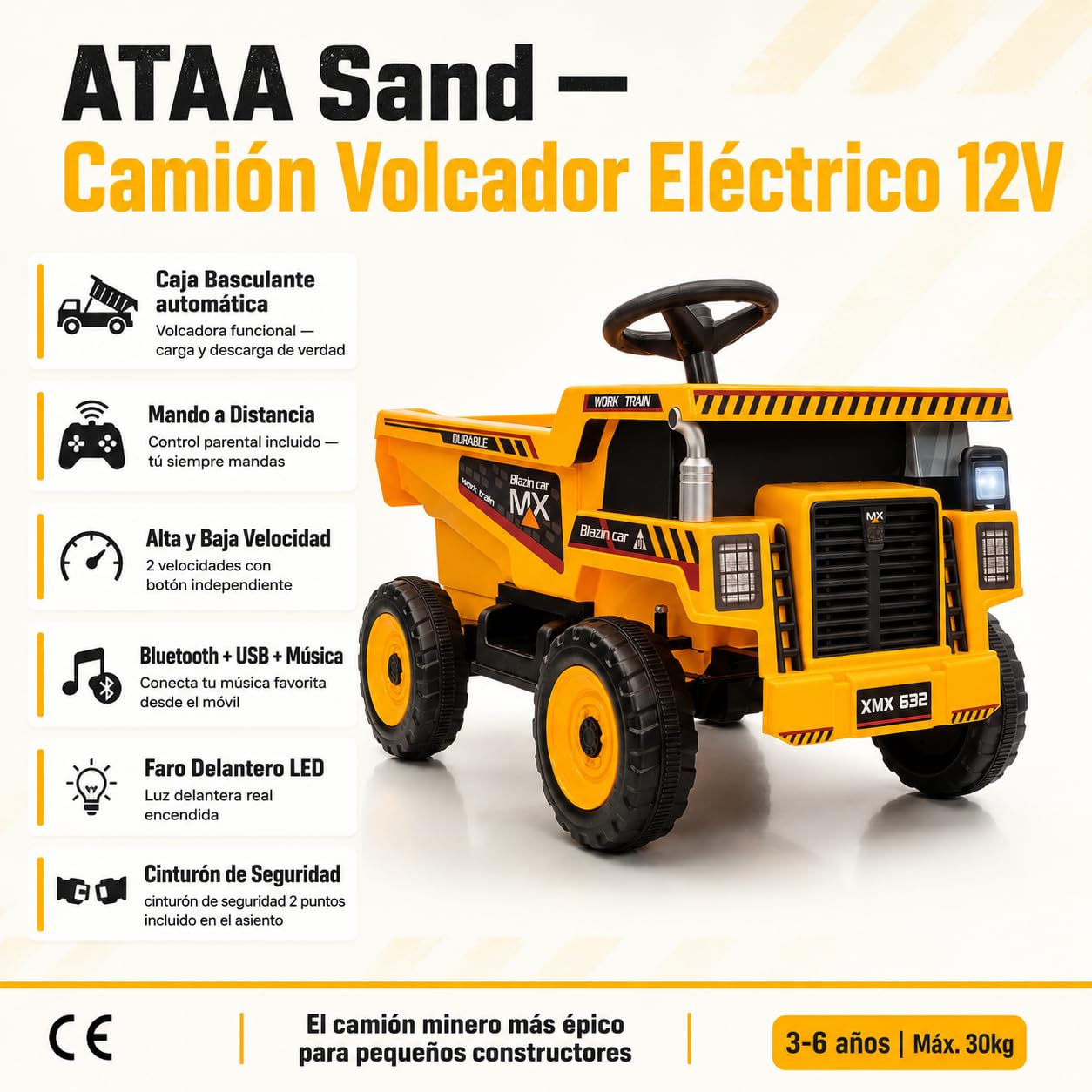 Camión Volquete Eléctrico Infantil 12V ATAA Sand con Mando Remoto | Amarillo – Música, Bluetooth y luces LED