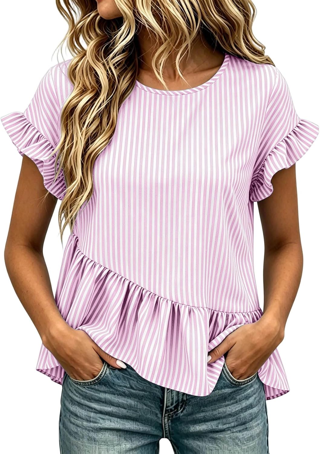 Womens Striped Tops Casual Round Neck Ruffle Short Sleeve Blouse Going Out Shirts Basic Tunic Summer Loose Outfits
