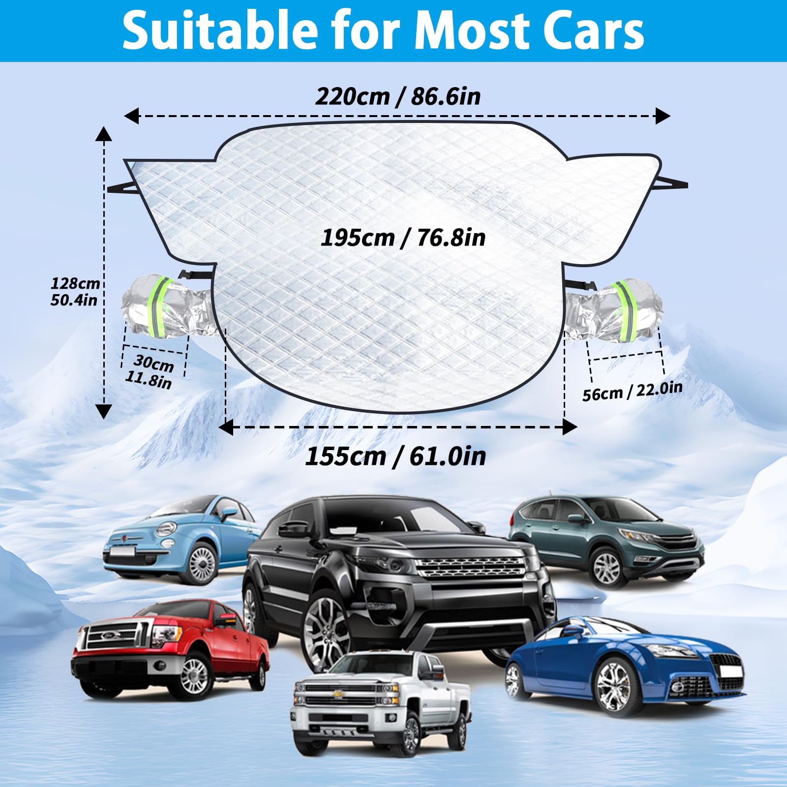 Couverture Pare Brise Voiture, Protection Couverture Repliable avec 10/12 aimants, Bâche Voiture Anti Neige Anti Glace UV Soleil Protéger Repliable Universelle pour Voiture SUV (220x155x128CM)