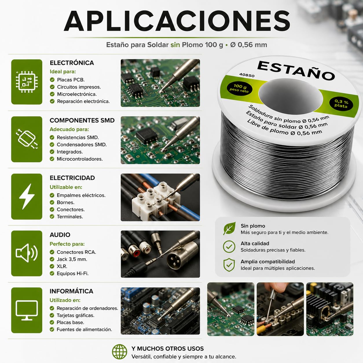 CABLEPELADO Estaño para Soldar Sin Plomo 100 g Ø 0,56 mm con 0,3% Plata | Hilo de Soldadura para Electrónica, PCB, SMD y Reparaciones Eléctricas | Compatible RoHS