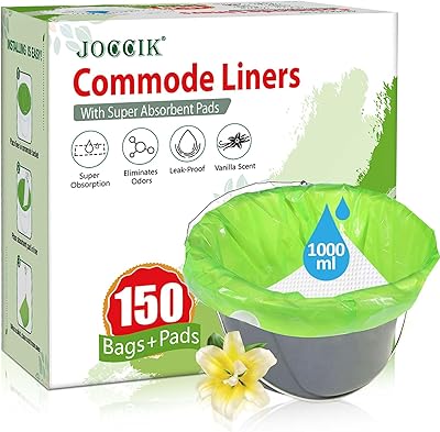 Bedside Commode Liners, 150 Bags + 150 Pads for Bedside Toilet Chair Bucket, Super Absorbent, Unscented, Leak-Proof, Universal Size