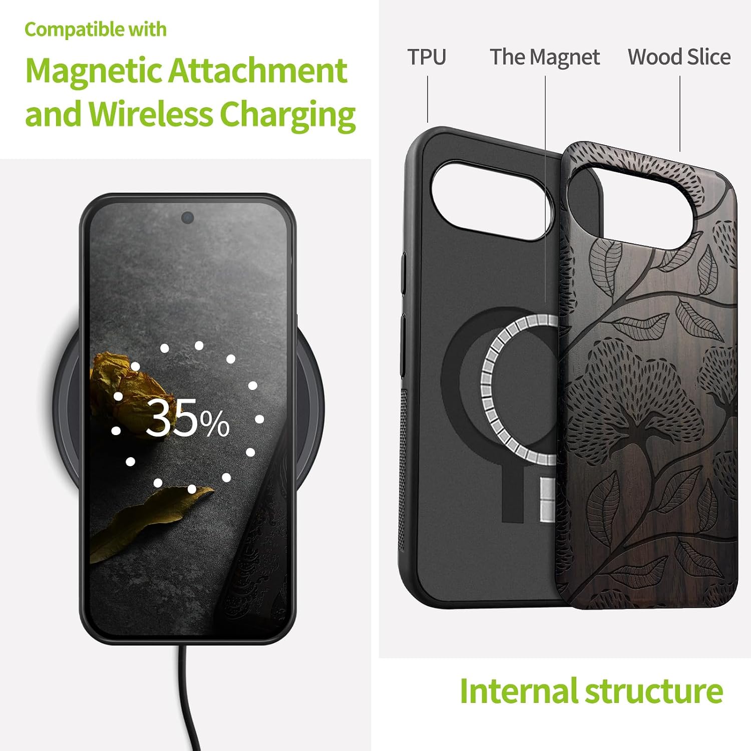 Carveit Magnetic Wooden Case for Google Pixel 10a Case, Wood Artisan Engraved & Soft TPU Shockproof Cover, Compatible with MagSafe Wireless Chargers (Textured Beauty in Botanical Art) Blackwood
