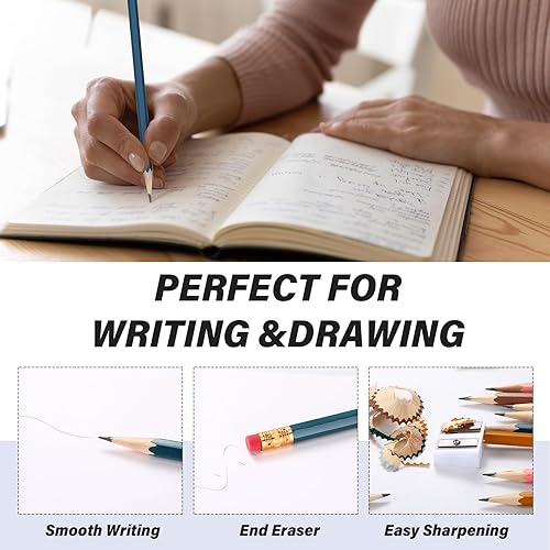Miniatura 4 de TecUnite 120 lápices HB sin afilar con borrador, lápices hexagonales de madera para adultos, regalos, lápices de grafito para exámenes, bocetos de