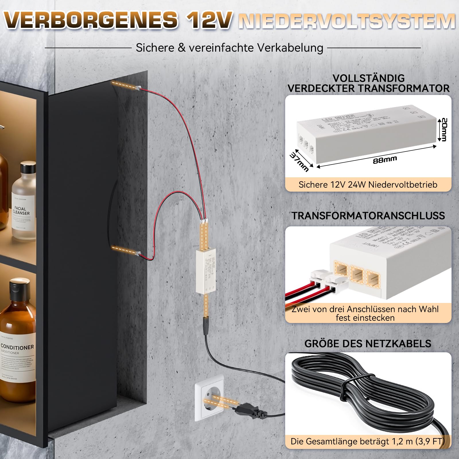 Doccia da parete, 60 x 30 cm, in acciaio inox 304, con illuminazione a LED e trasformatore, doppio strato, mensola singola per bagno e decorazione