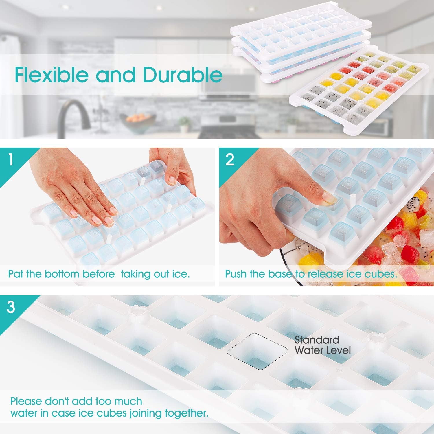 Ice Cube Tray for Freezer 3 Pack with Bin and Scoop, Upgraded Silicone Bottom/Plastic Frame Easy Release, Small Ice Cube Mold Securely Stackable in Box (32×3 PCS)